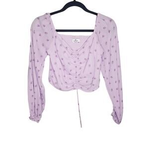🔥 Hollister Square Neck Ruched Square Neck Floral Lavender Top M Long Sleeve